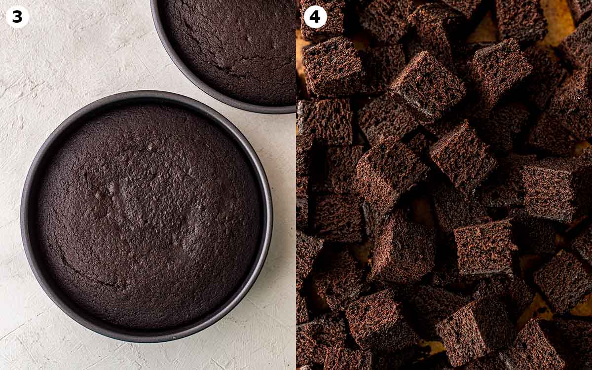Two image collage of baked chocolate cake in pans and cut up into cubes.