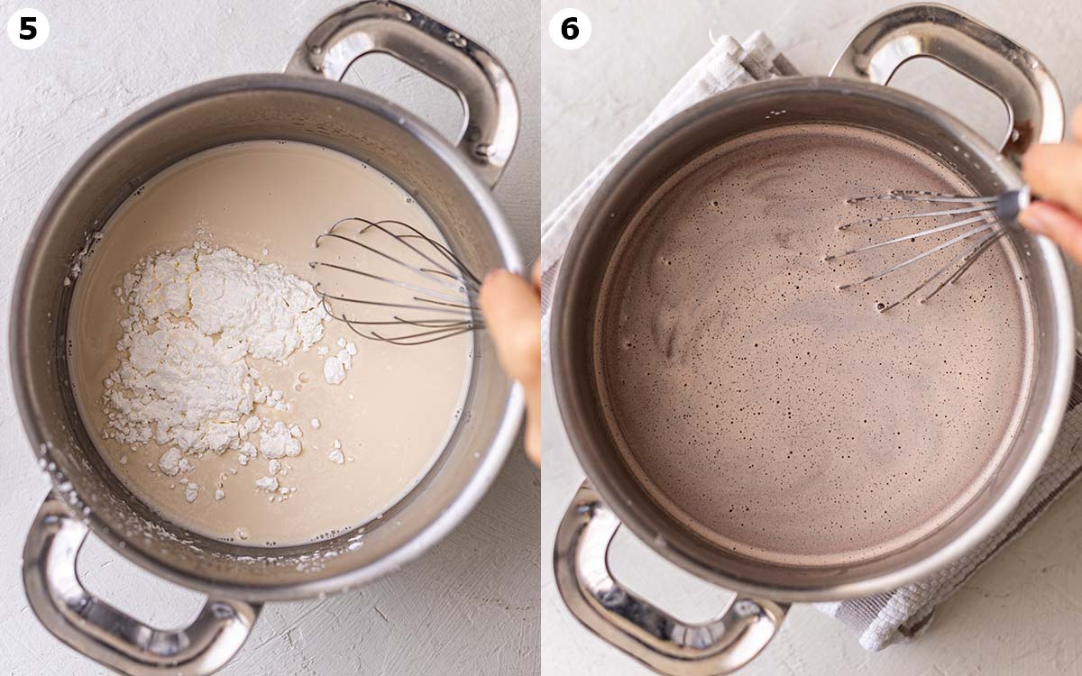 Two image collage of saucepan showing mixing corn starch into milk and frothy chocolate milk.
