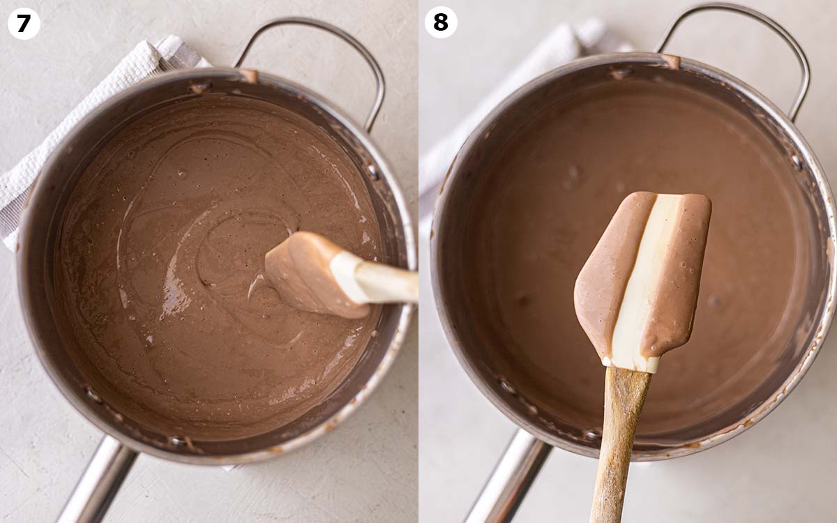 Two image collage of thickened chocolate custard showing ribbon stage and thickly coating the back of a spatula.