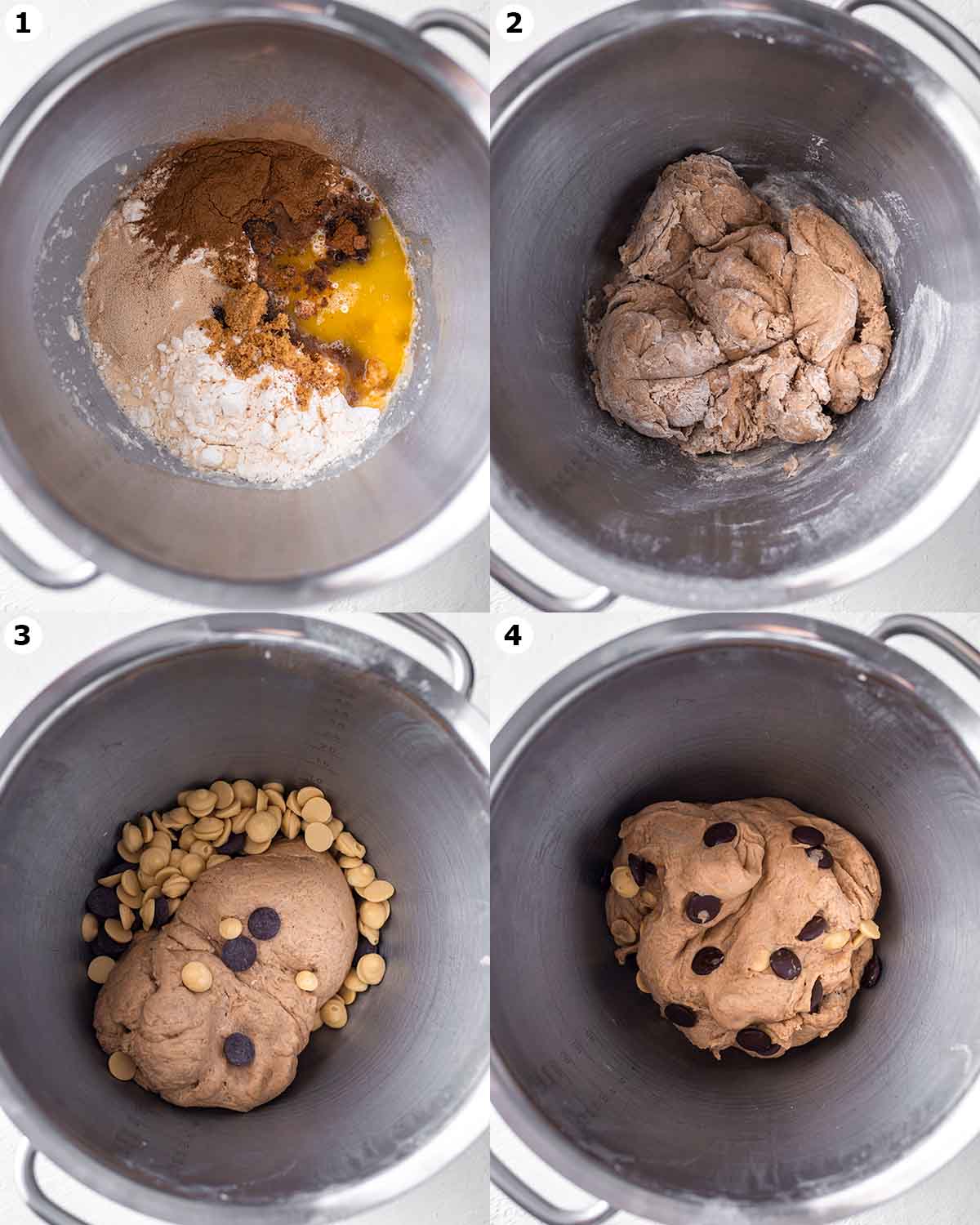 Four image collage showing how to make the vegan hot cross bun dough.