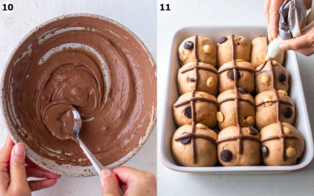Two image collage of chocolate paste and piping the paste on the unbaked hot cross buns.