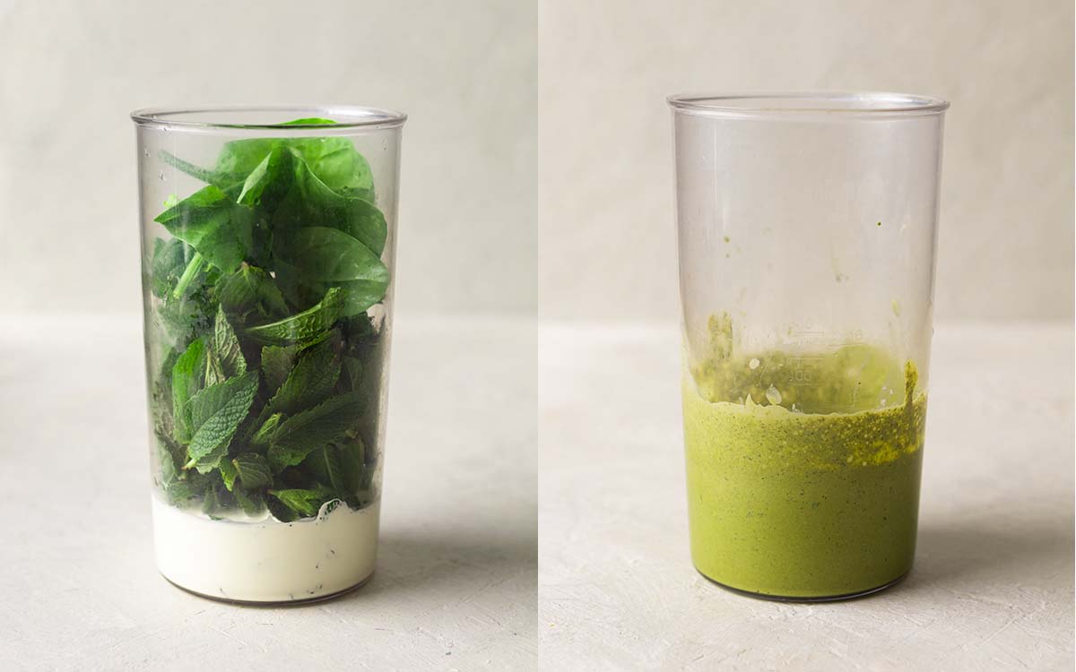 Two image collage of before and after fresh mint leaves and spinach are blended into dairy free cream.