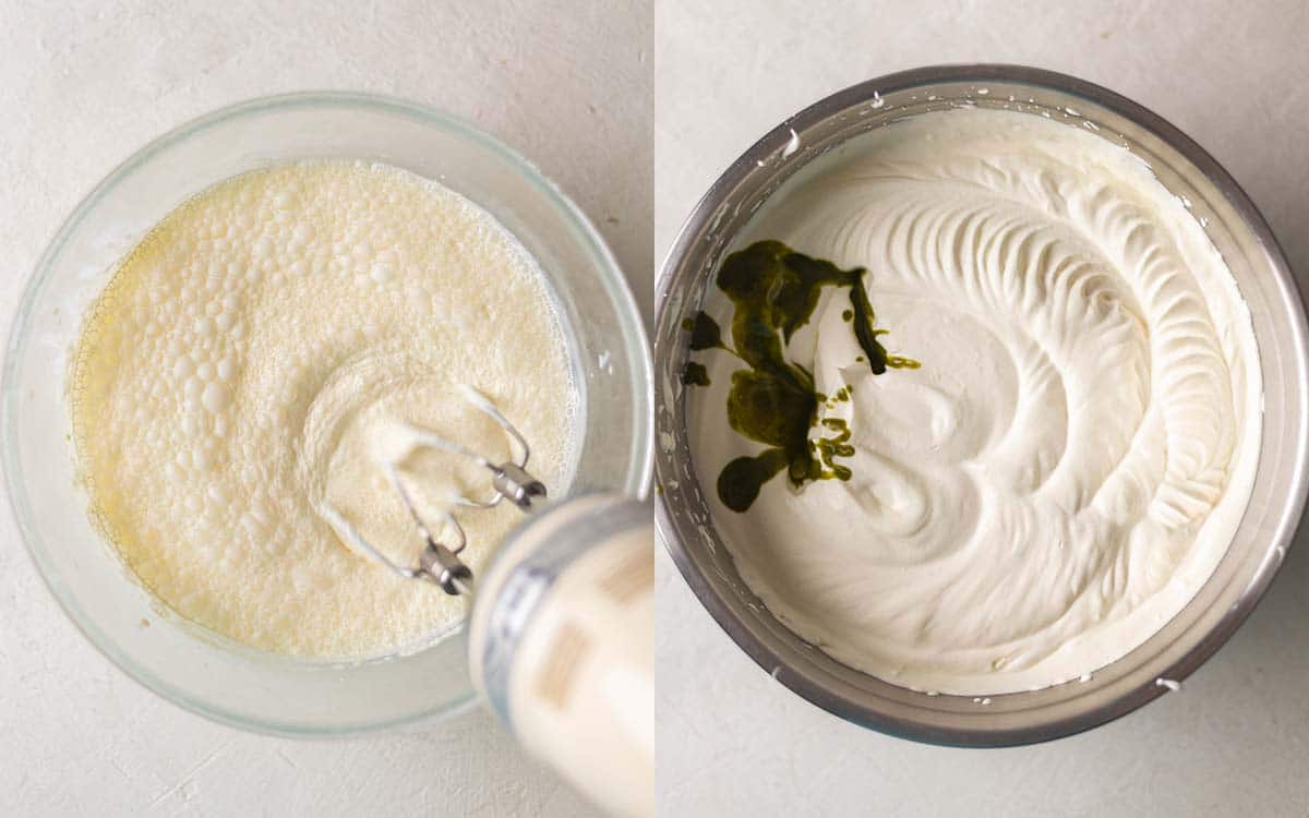 Four image collage whipping the dairy free cream and adding the green sweetended condensed milk mixture to the bowl.