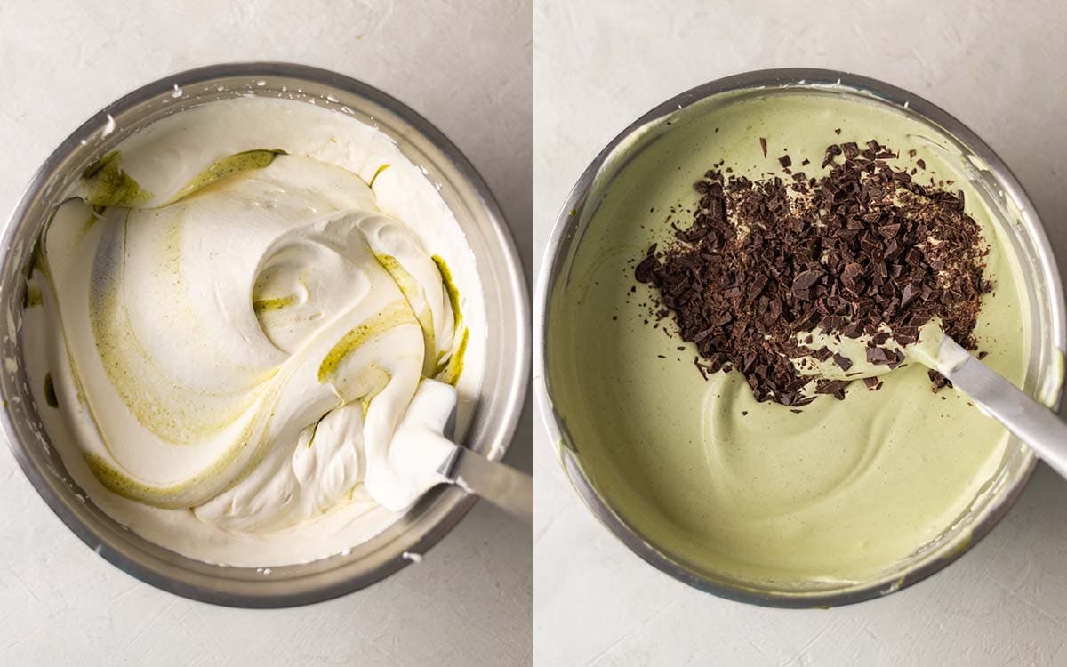 Two image collage of folding the condensed milk and chocolate into the cream.