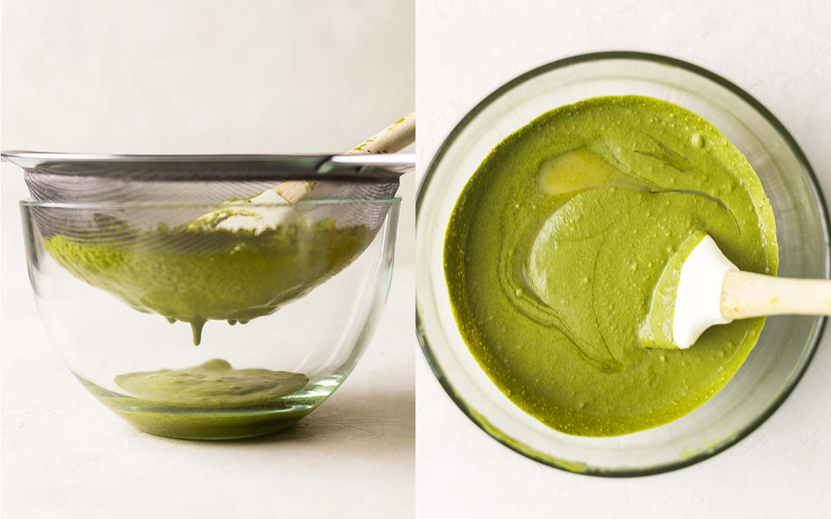 Two image collage of straining green mint pulp and of bowl mixing condensed milk with mint mixture.