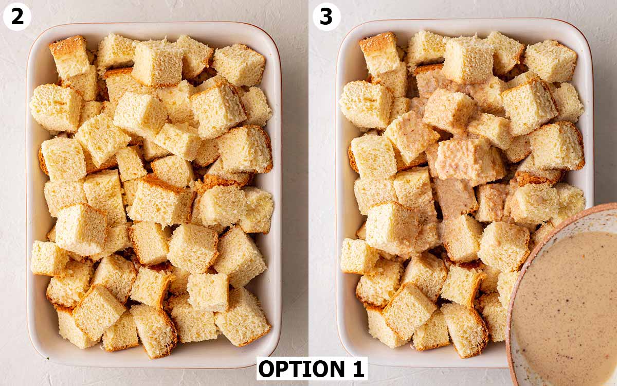 Two image collage of cubes of stale bread in casserole dish with french toast liquid being poured on top.