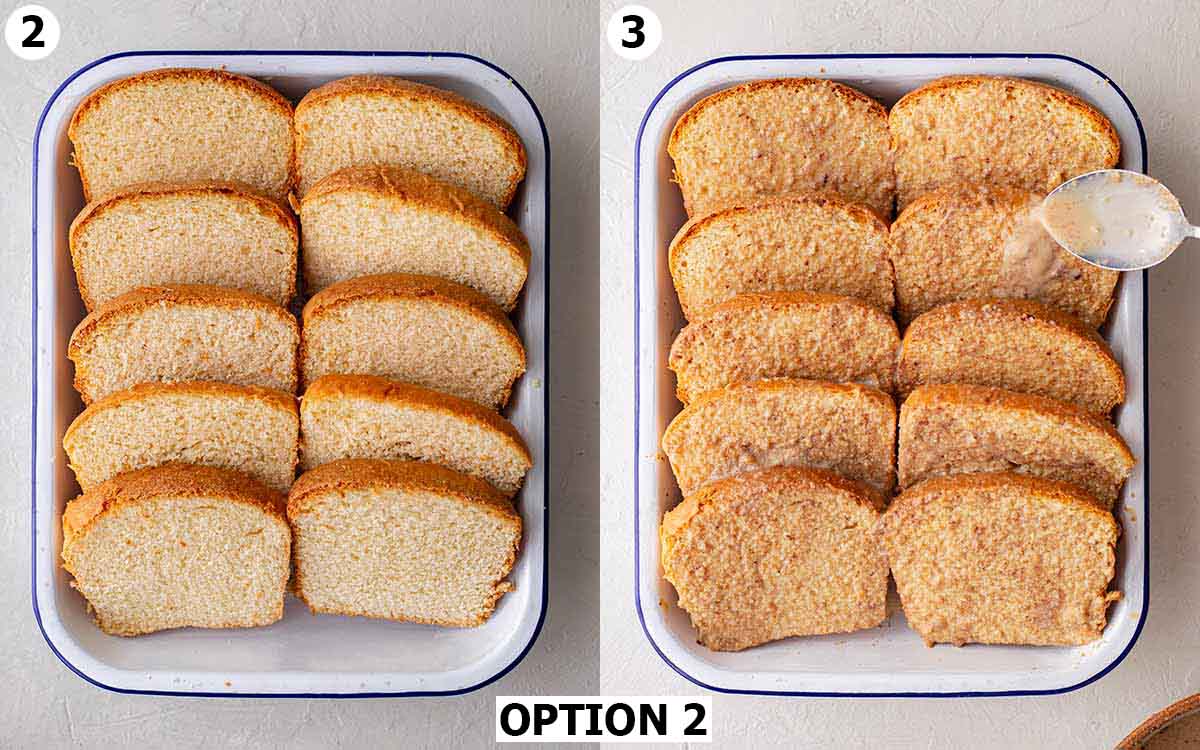 Two image collage of 10 slices of bread neatly arranged in a casserole dish. One image has a spoon carefully pouring custard liquid on top.