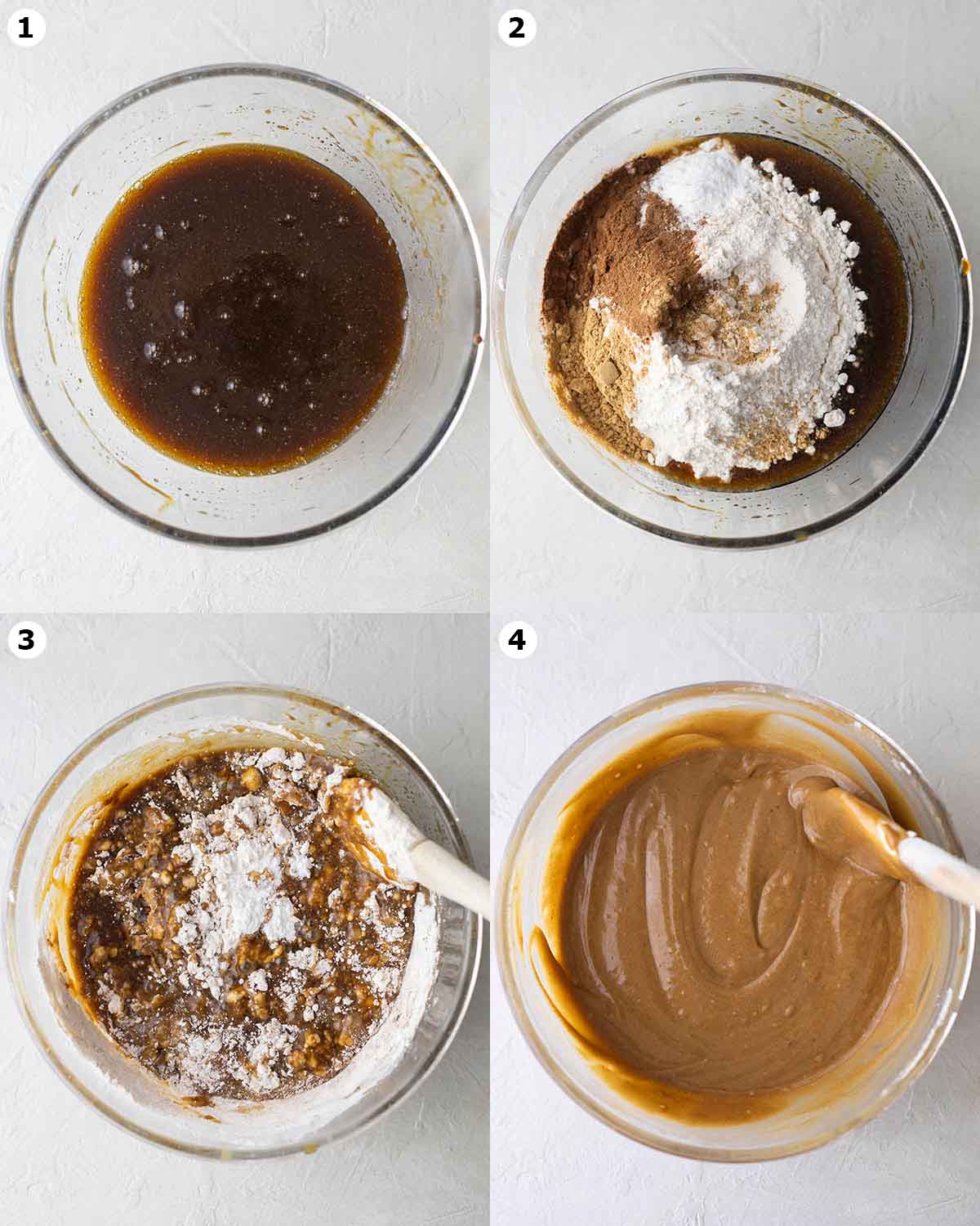 Four image collage of how to make cake batter in mixing bowl.