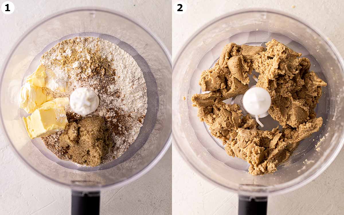 Two image collage of ingredients for gingerbread crust in food processor.