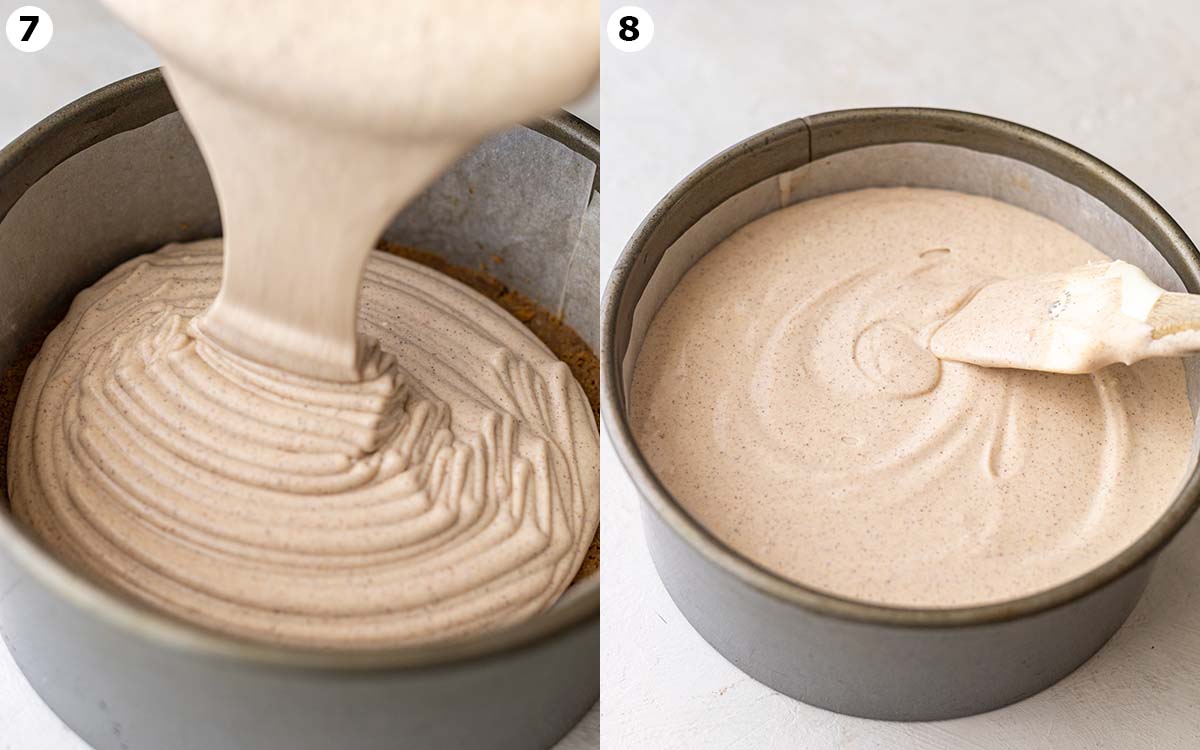 Two image collage of cheesecake filling featuring ingredients and final smooth creamy mixture.