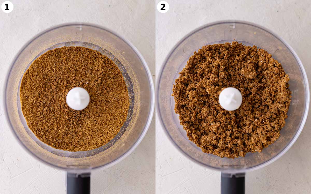 Two image collage of gingerbread cookie crust in food processor.