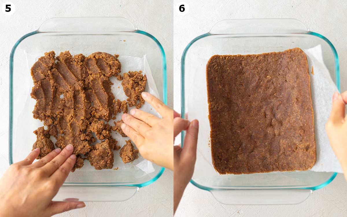 Two image collage of pressing the cookie dough in a lined glass baking dish and removing the dough by lifting the parchment paper.