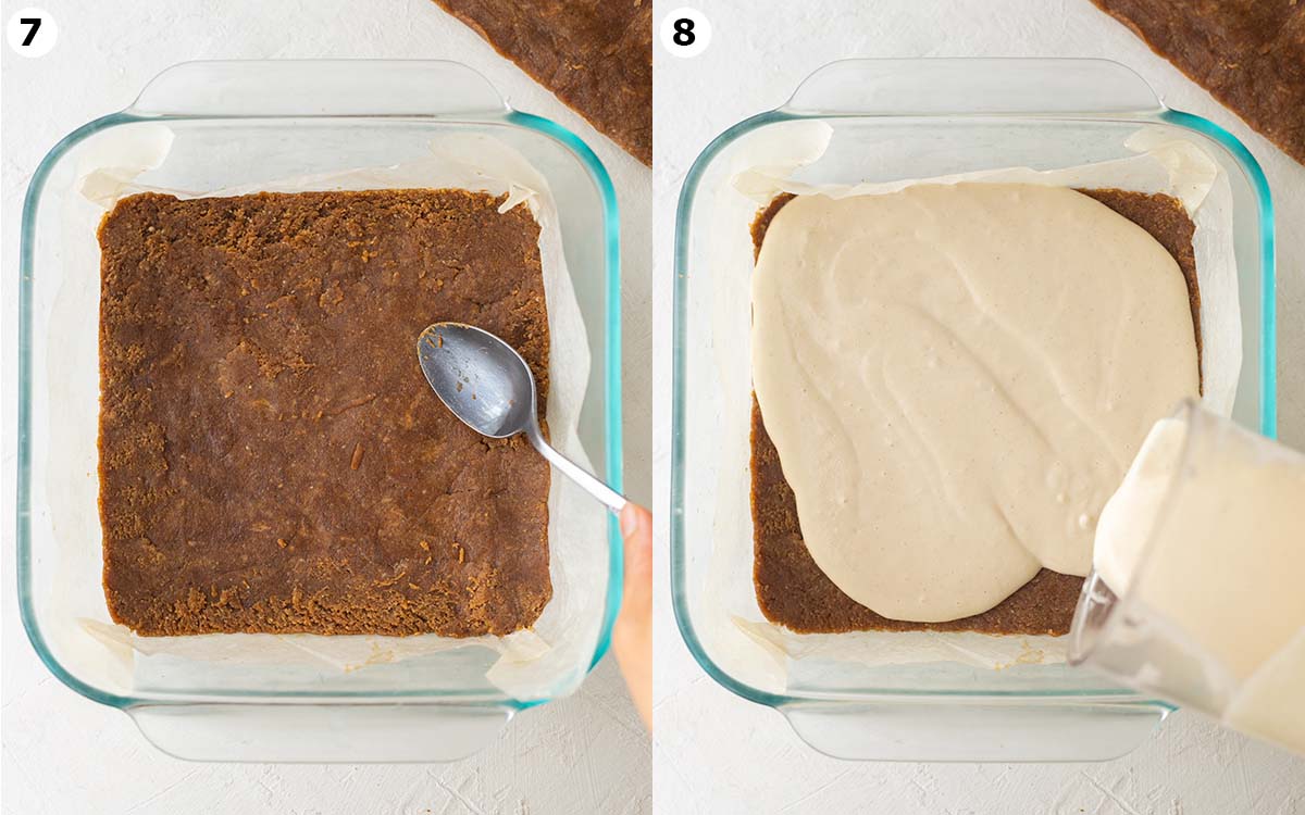 Two image collage of pressing the second layer of cookie dough in the baking dish and pouring the cashew-based ice cream on top.