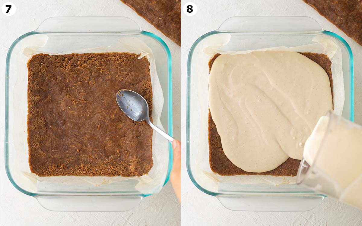 Vegan Ice Cream Sandwiches with Gingerbread Cookie Dough 7 Two image collage of pressing the second layer of cookie dough in the baking dish and pouring the cashew-based ice cream on top.