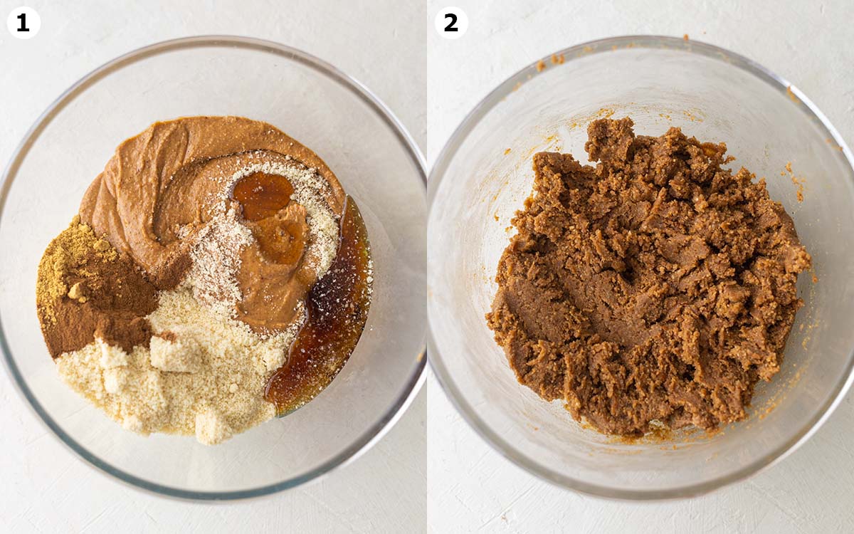 Two image collage showing how to make the gingerbread cookie dough.
