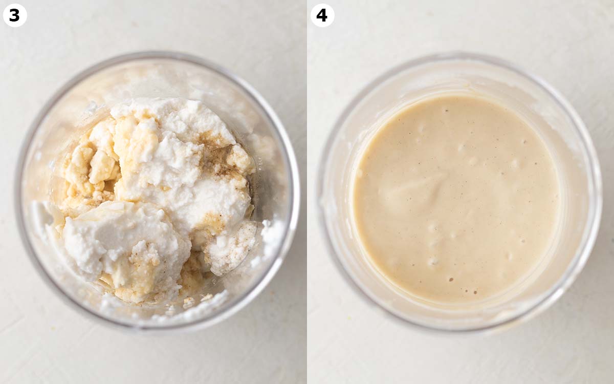 Two image collage showing how to make the cashew coconut ice cream. The final ice cream mixture is runny and smooth.