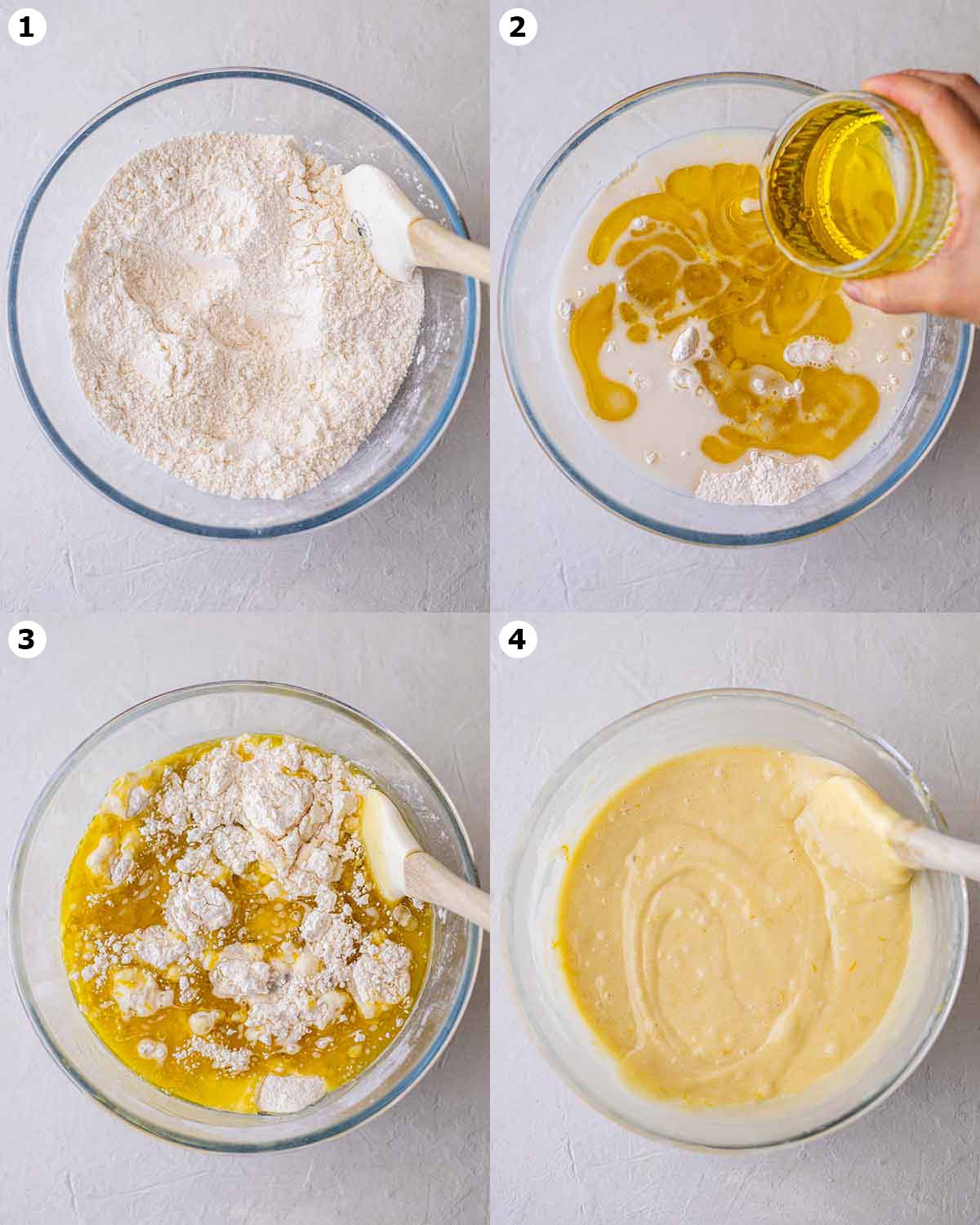 Four image collage of lemon cake batter in bowl including pouring the olive oil in the cake batter.