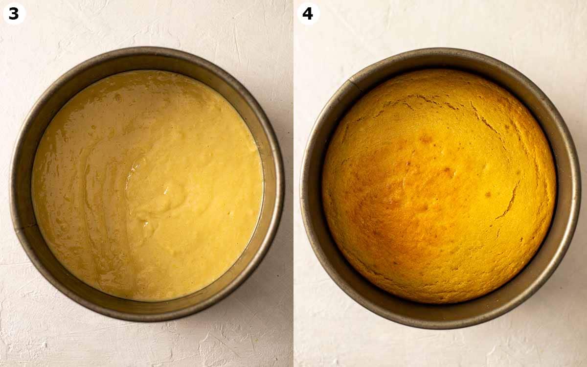 Two image collage of unbaked and baked mango cake in cake pan.