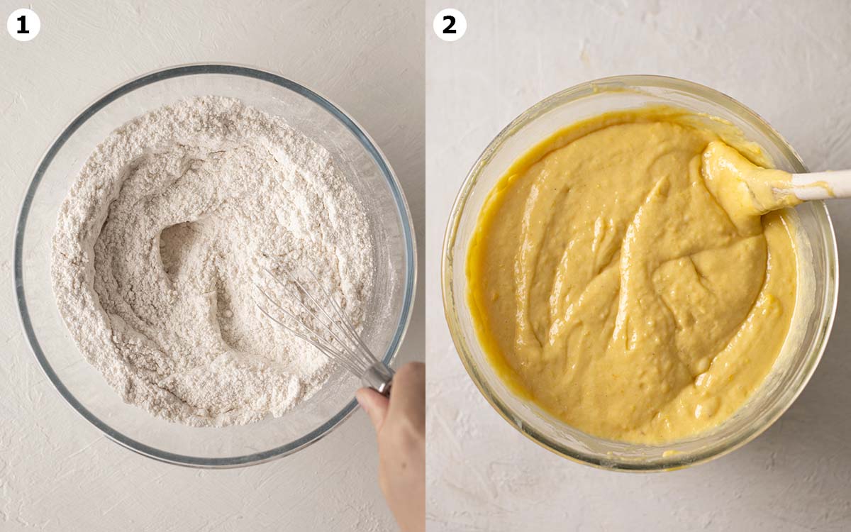 Two image collage showing how to make the batter for the vegan mango cake. Final batter is thick and gold in colour.