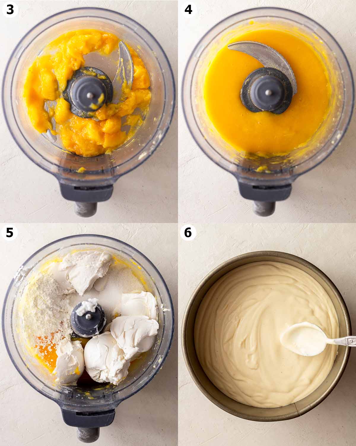 Four image collage showing how to prepare the cheesecake filling.