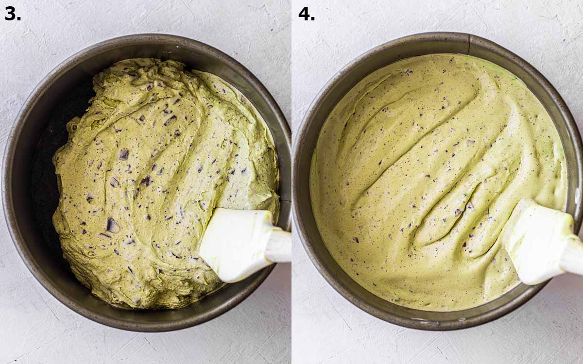 Two image collage of scooping and flattening mint ice cream in cake pan on top of cookie layer.