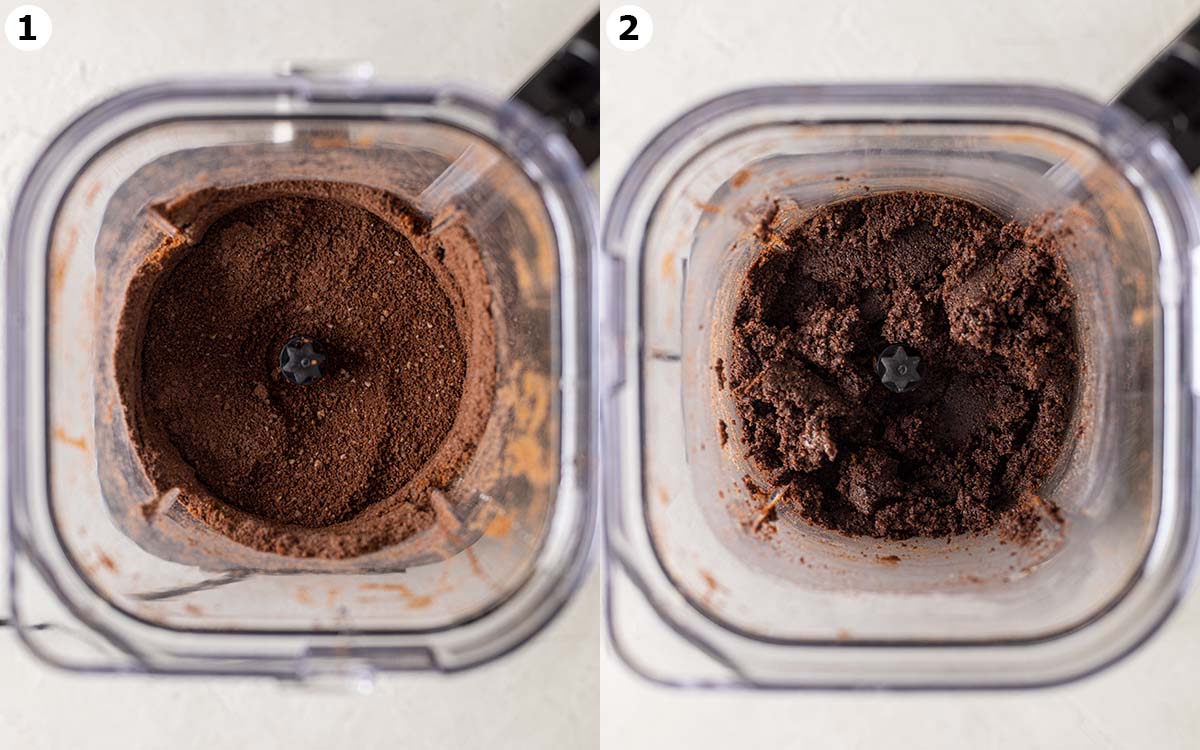 Two image collage of chocolate cookie crust in blender.