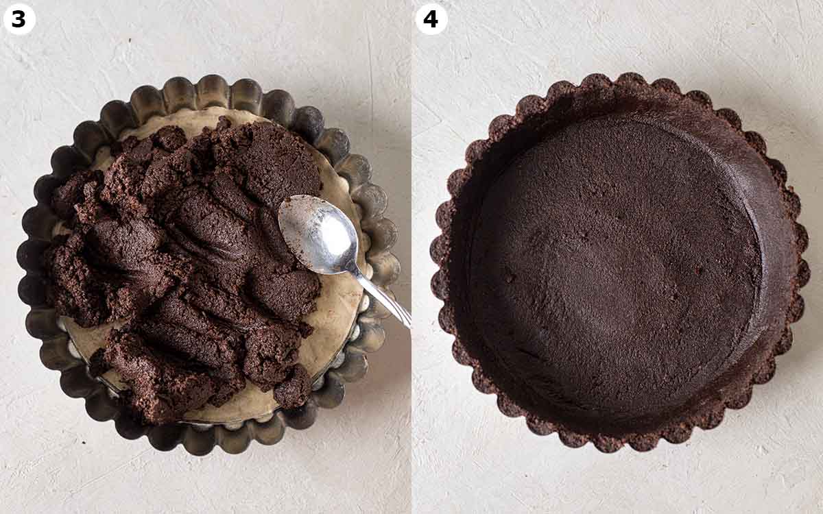 Two image collage of chocolate cookie crust in tart/pie pan.