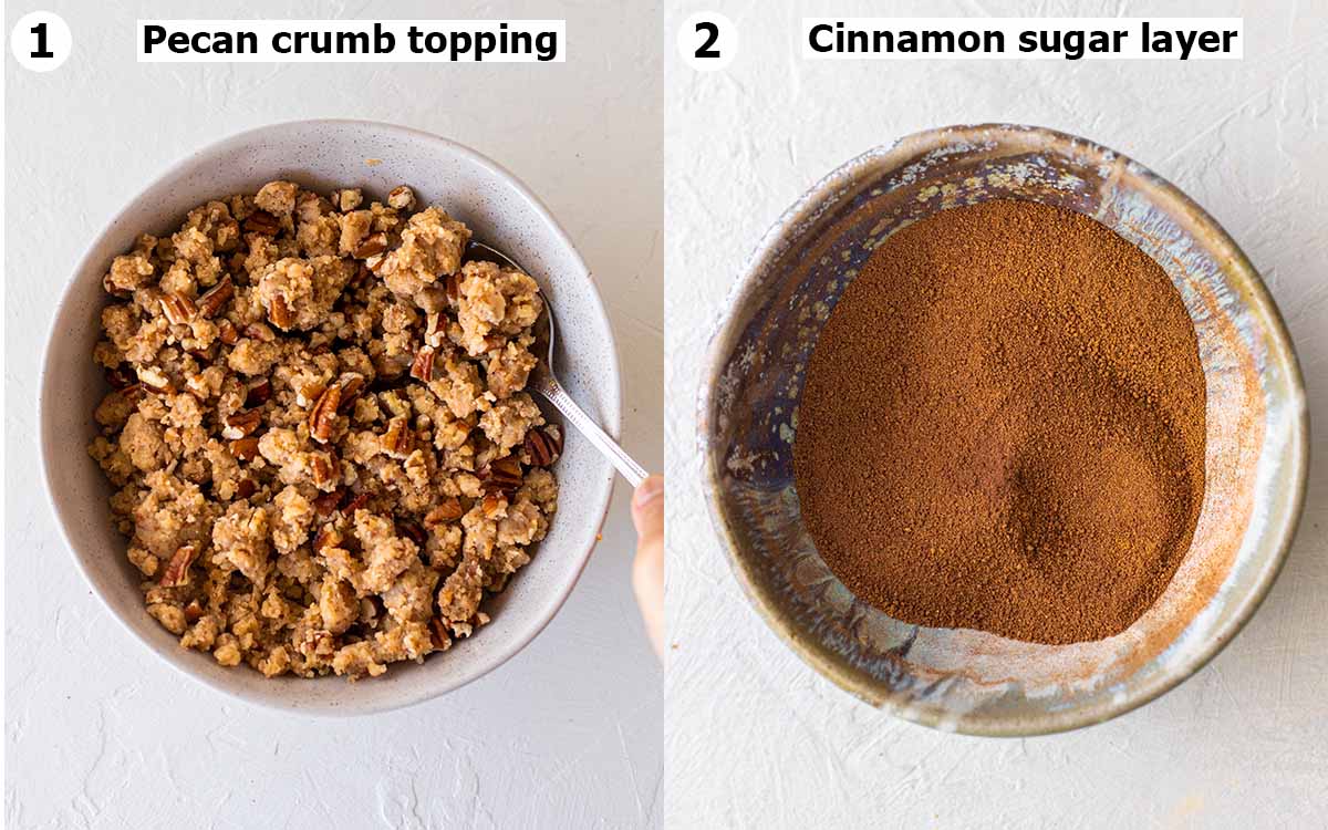 Two image collage of cinnamon sugar mixture and pecan crumb mixture.