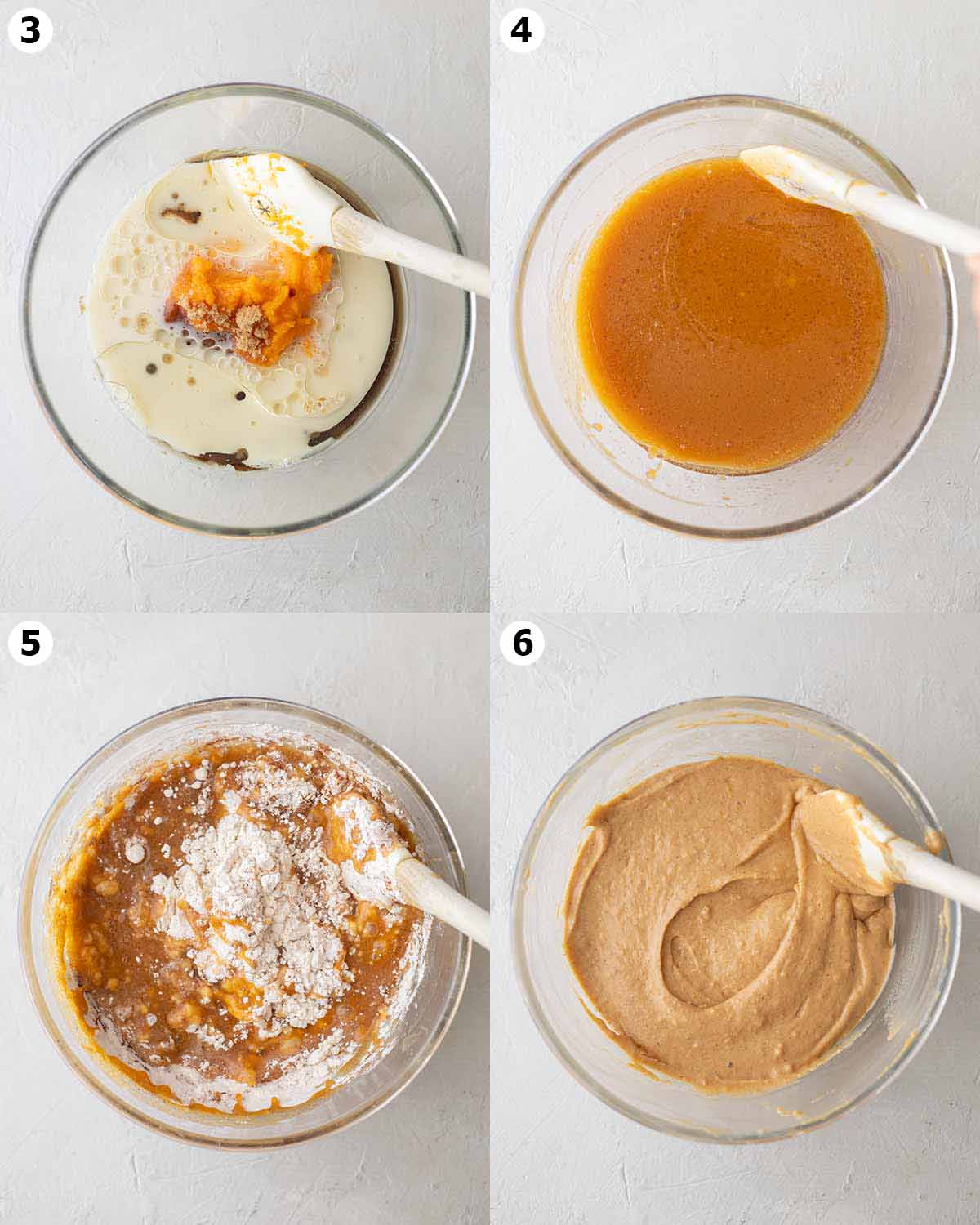 Four image collage showing how to prepare batter for the pumpkin cake.