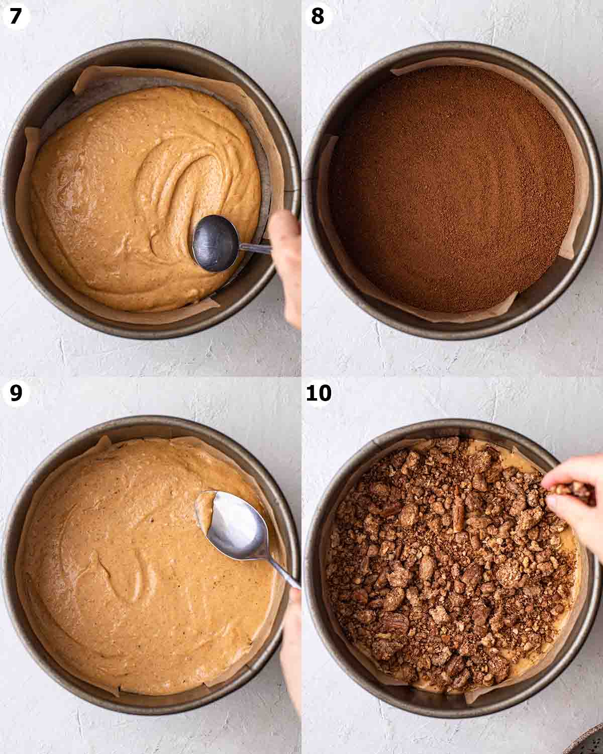 Four image collage of how to layer the pumpkin cake in the cake pan.