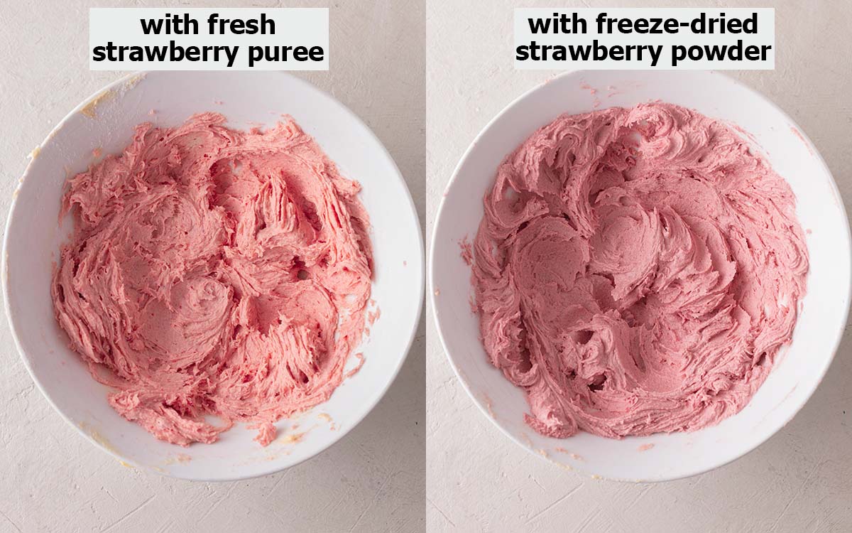 Two image collage of whipped buttercream frosting. One bowl is flavored with fresh strawberry puree and the other with strawberry powder.