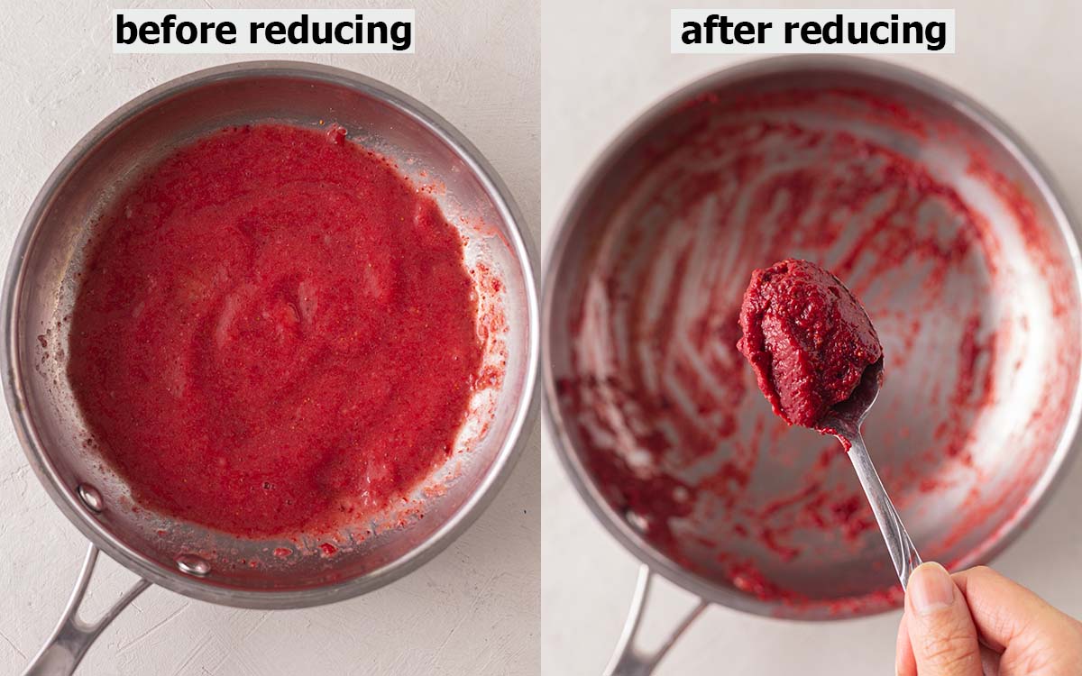 Before and after reducing strawberry puree in saucepan.