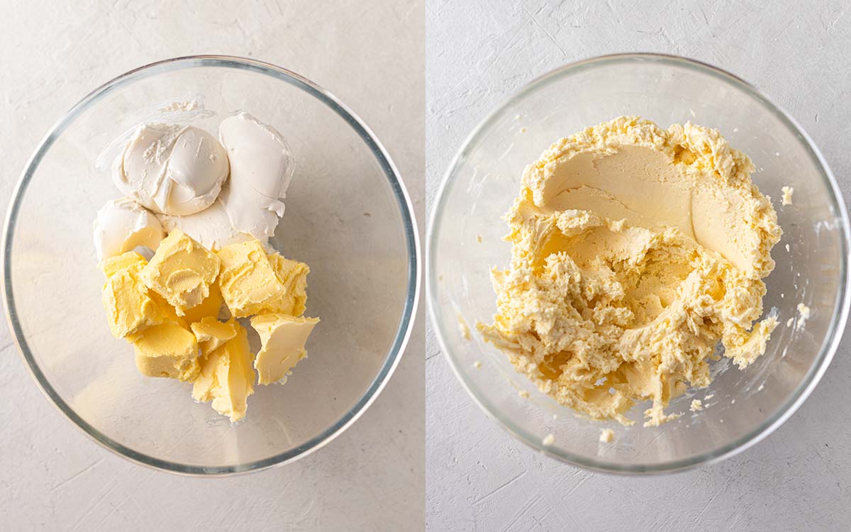 Two image collage of whipping the dairy free cream cheese and vegan butter together.
