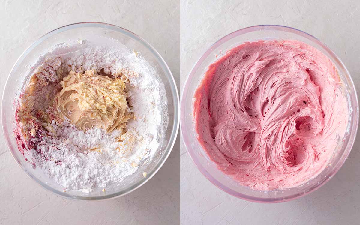 Two image collage of whipping the powdered sugar into frosting and final result.