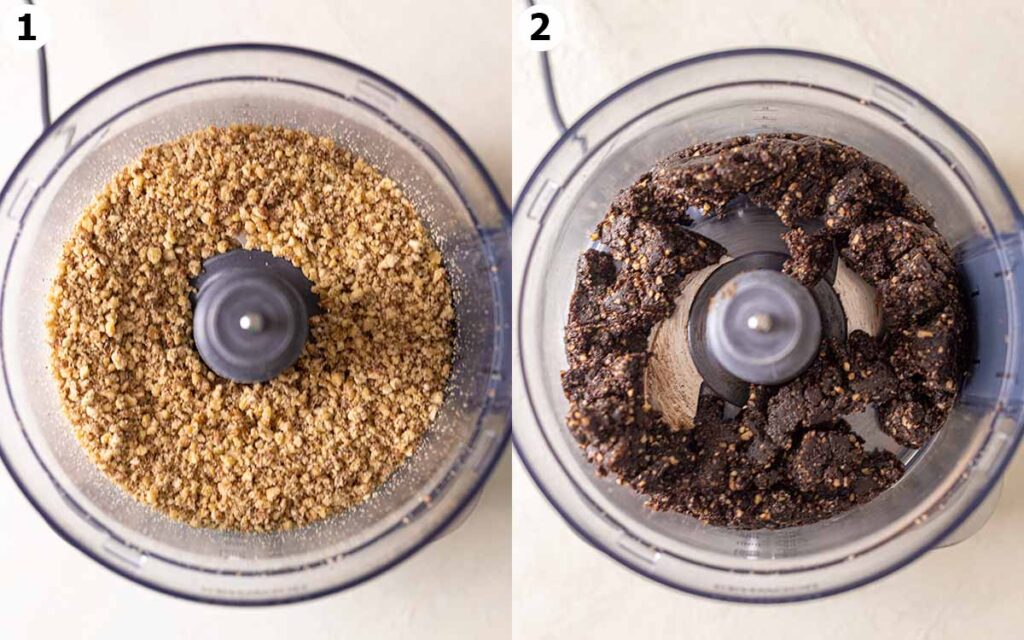 Two image collage of making nut and date brownie crust in food processor.