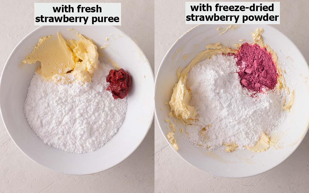 Two image collage of buttercream ingredients. One bowl has fresh strawberry puree and the other has strawberry powder.