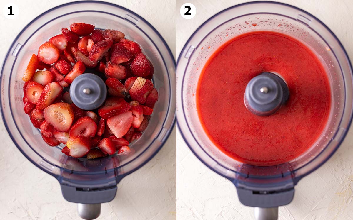 Two image collage of preparing the fresh strawberry puree in food processor.