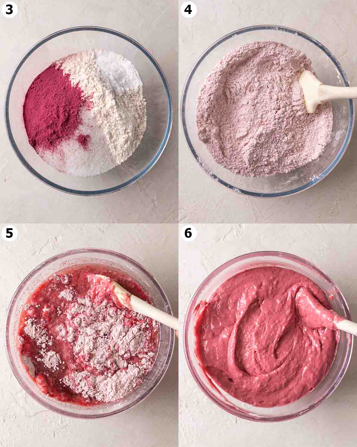 Four image collage of strawberry cake batter showing final thick batter.