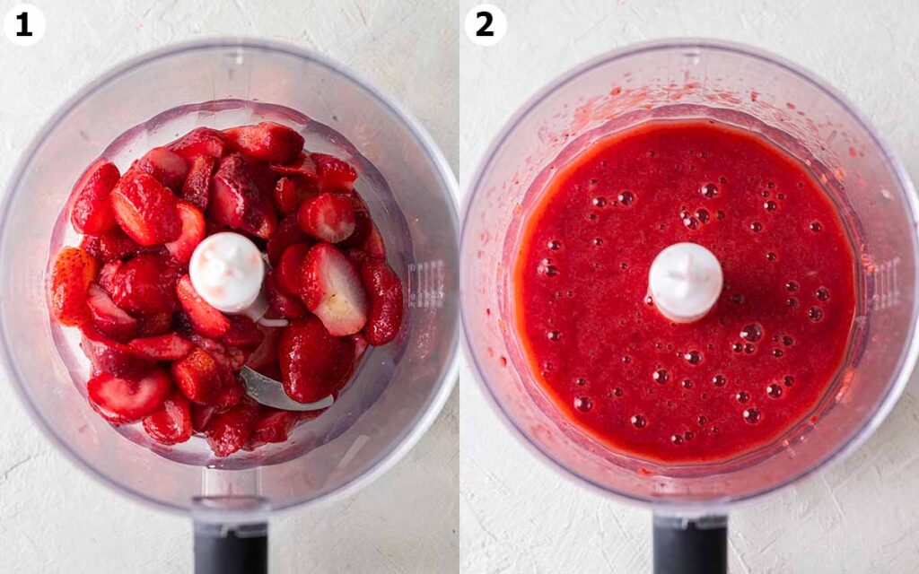 Two image collage of making the strawberry puree in a food processor.