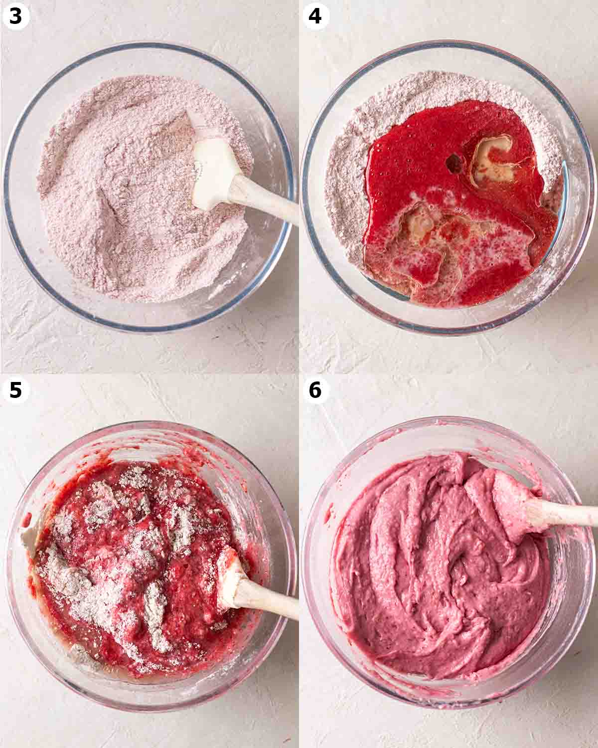 Four image collage of making the batter for the strawberry cupcakes.