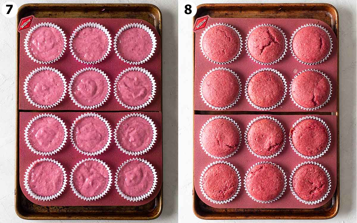 Two image collage of pink strawberry cupcakes in cupcake molds, before and after baking.