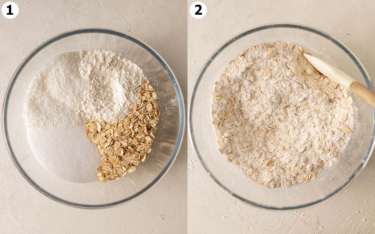 Two image collage of mixing dry ingredients for biscuits.