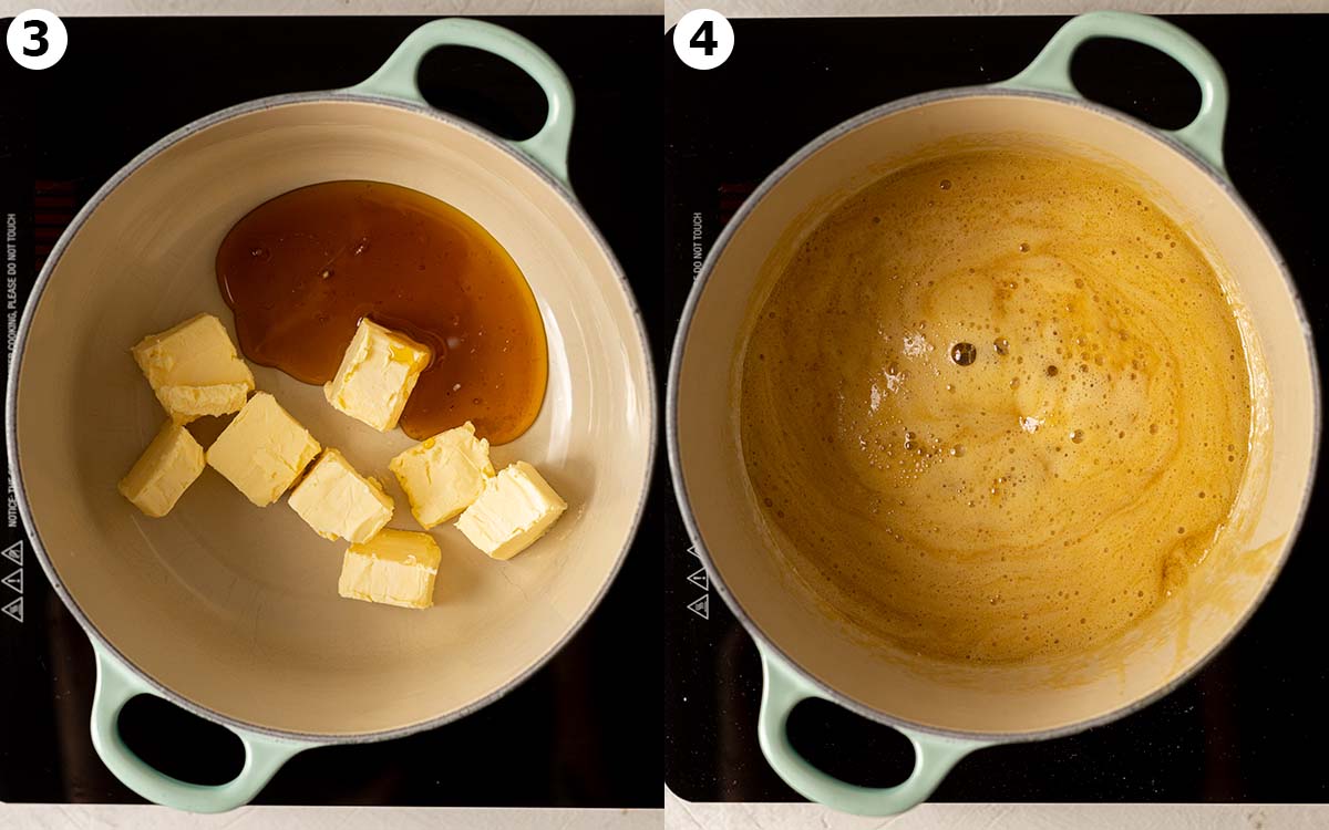 Two image collage of melting butter, golden syrup and mixing in baking soda in saucepan.