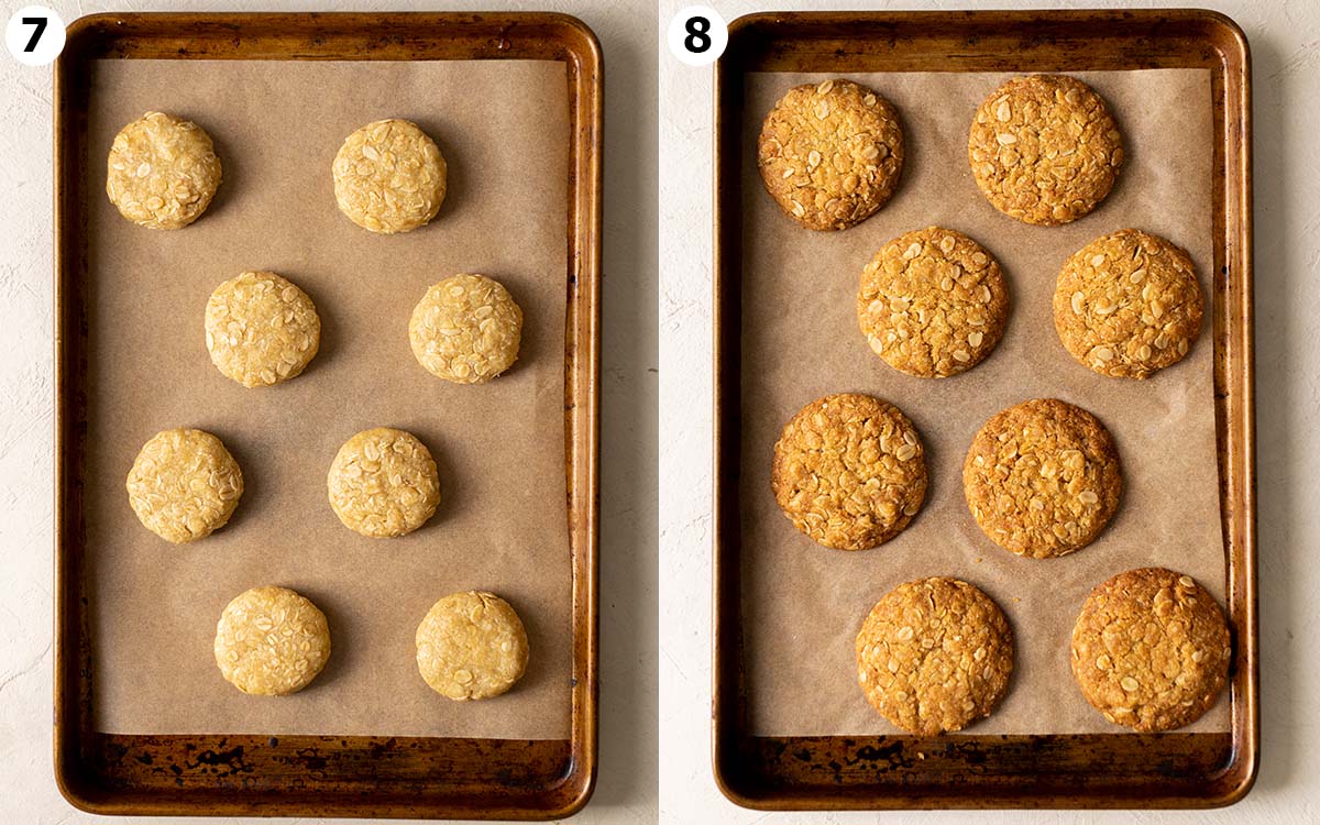 Before and after baking Anzac biscuits on baking trays.
