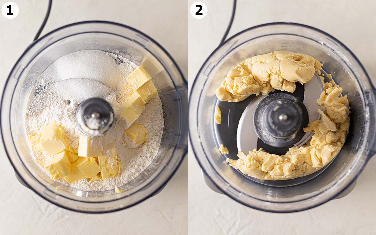 Two image collage of making shortcrust pastry in food processor.