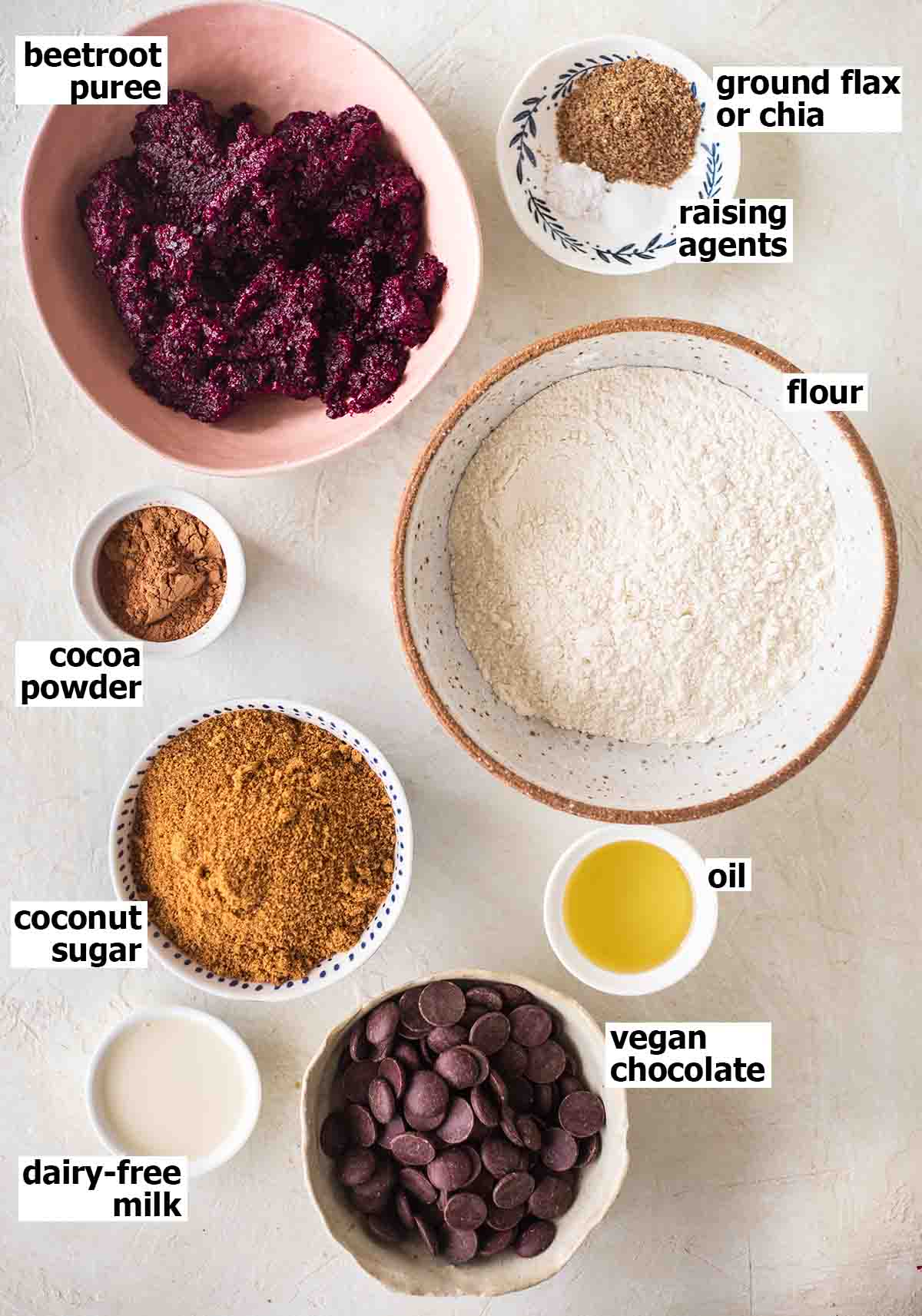 Flatlay of ingredients for beetroot brownies.