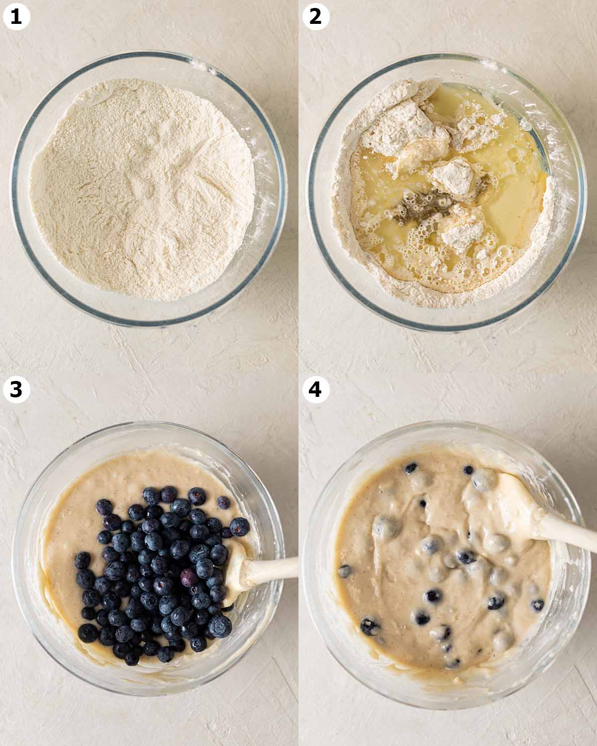 Four image collage of how to prepare the blueberry muffin batter.