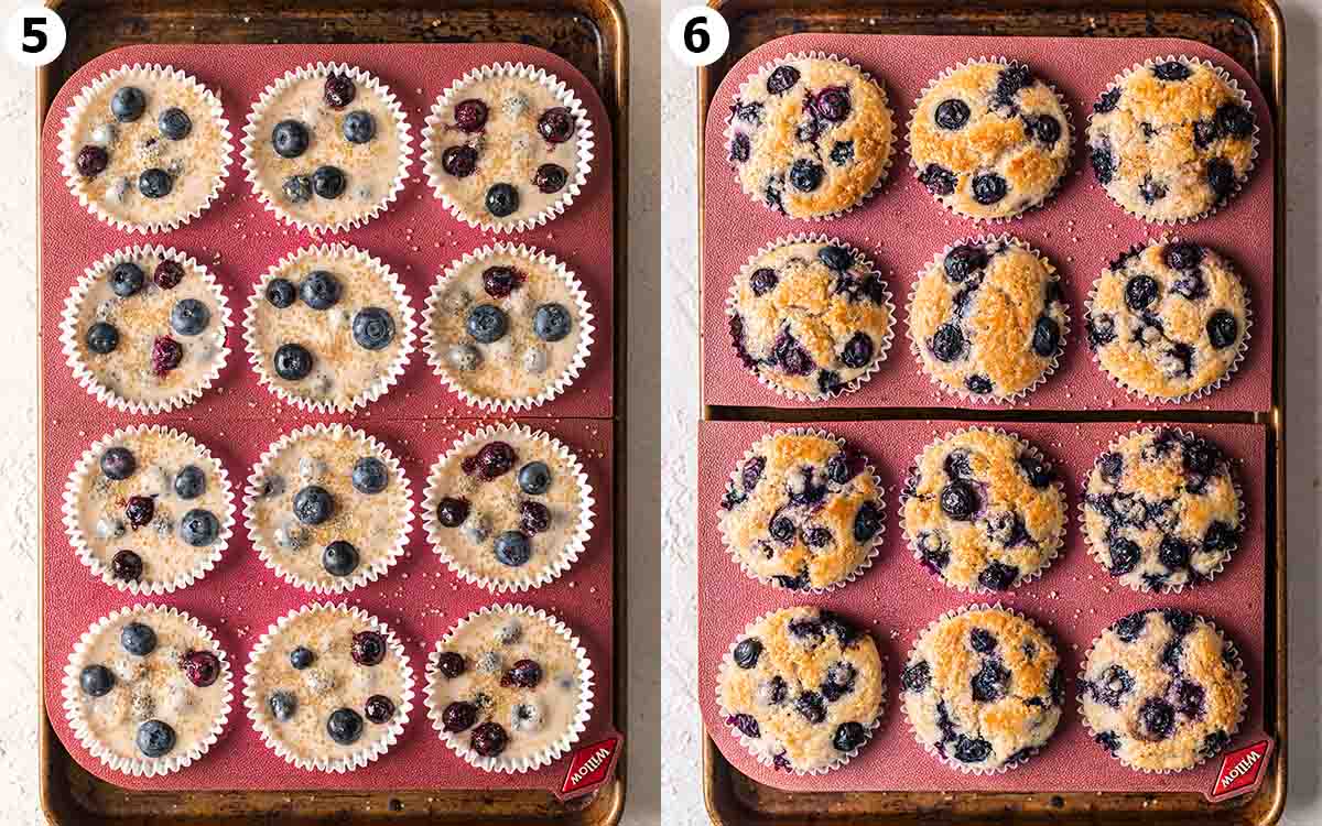 Two image collage of muffins before and after baking.