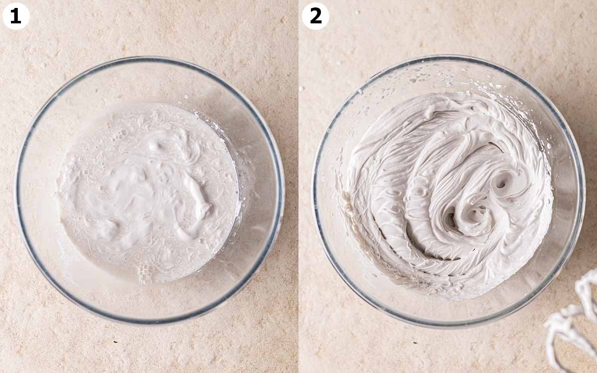 Two image collage before and after whipping the coconut cream in a large glass bowl.
