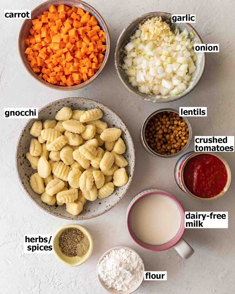 Flatlay of ingredients for vegan gnocchi bake.